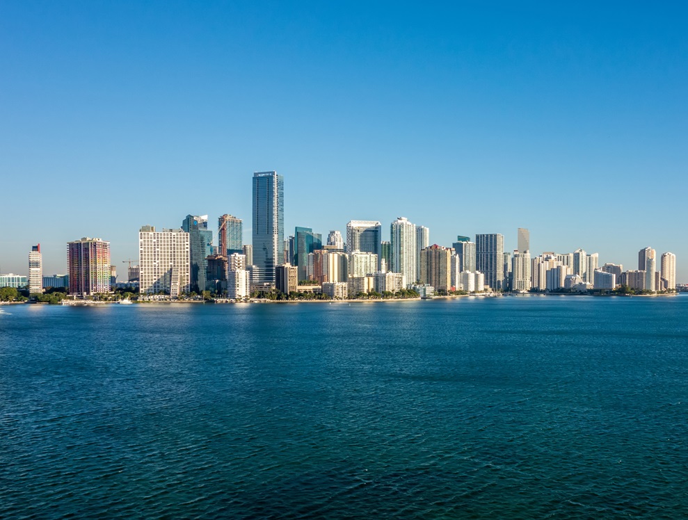 Miami Florida skyline with blue skies.