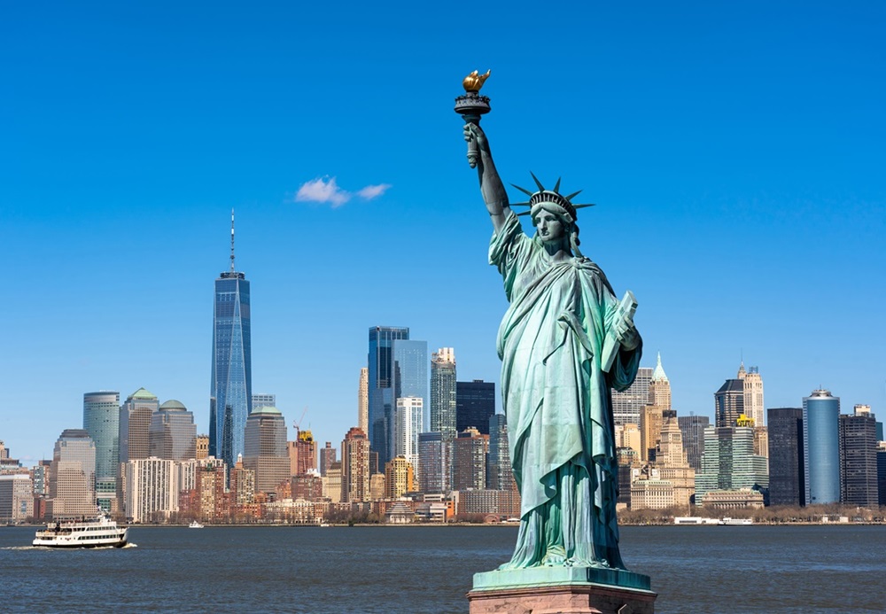 The Statue Of Liberty and New York City skyline.