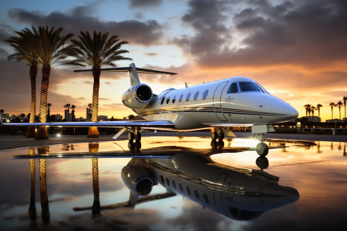 A private jet at dusk on a runway.