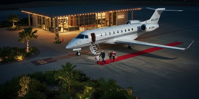 A family approaching a private jet at night.