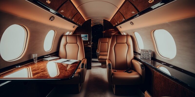 Interior of a private jet with leather seats.