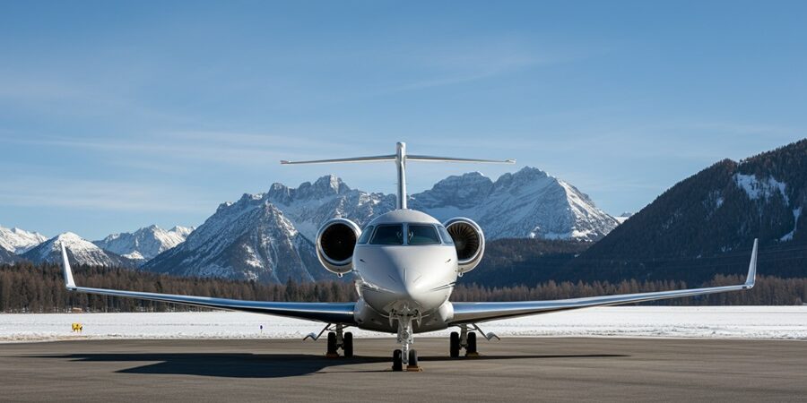 A private jet in a wintery and mountainous location.