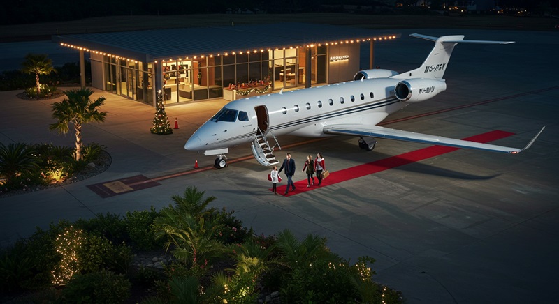 A family approaching a private jet at night.