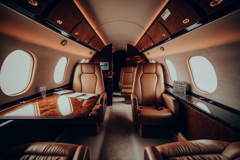 Interior of a private jet with leather seats.