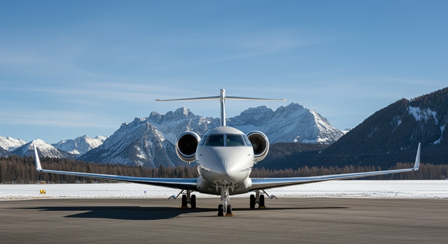 A private jet in a wintery and mountainous location.