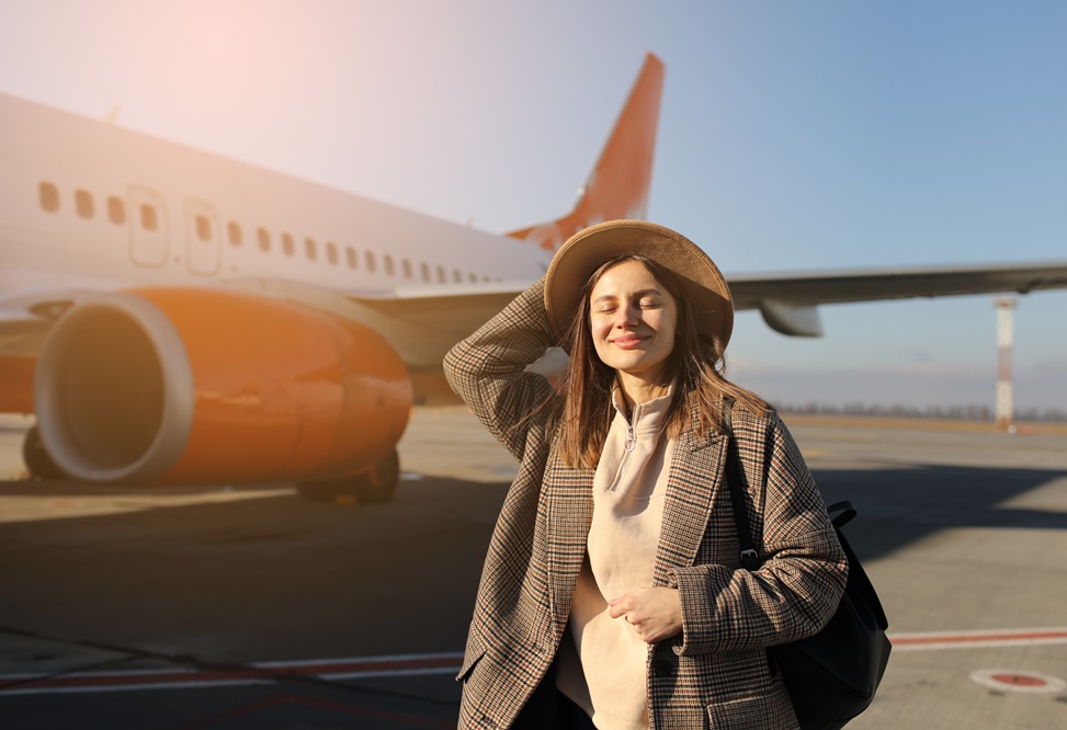 A woman standing next to a large plane.